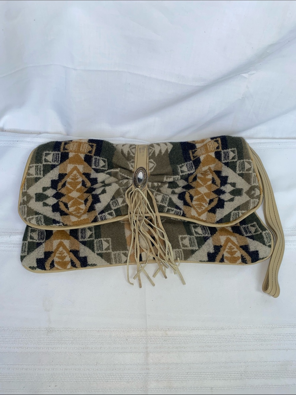 Handmade Boho Fringe Southwest Wool Blanket Clutch Bag Leather Trim